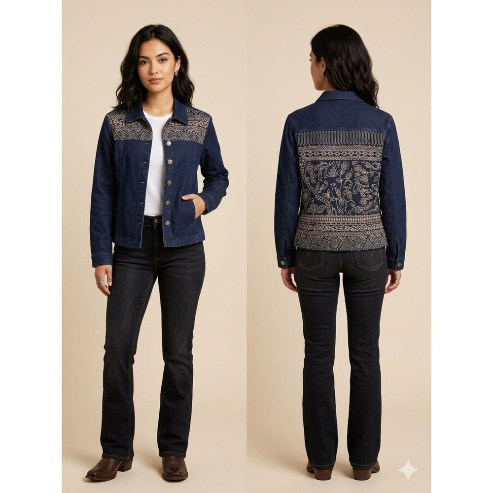 Drapers & Damon’s Dark Wash Denim Jacket l Intricate Western Folk Art Embroidery